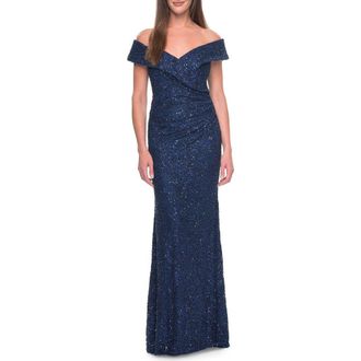 La Femme Off the Shoulder Beaded Lace Evening Gown in Navy at Nordstrom, Size 16