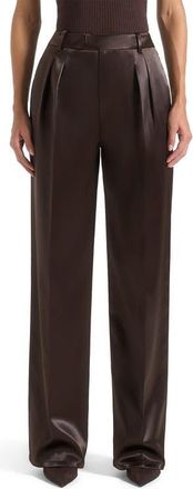 Mani&egrave;re De Voir Julie Satin Tailored Twin Pleat Trousers in Brown at Nordstrom, Size 4