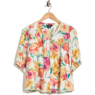 Nicole Miller Tie Front Puff Sleeve Tunic Top in Vintage Floral at Nordstrom Rack, Size X-Large