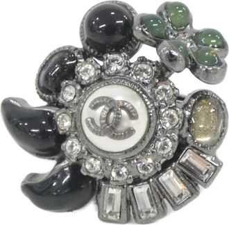 Chanel Silver Black Clear Green White Band Ring (Pre-Owned)