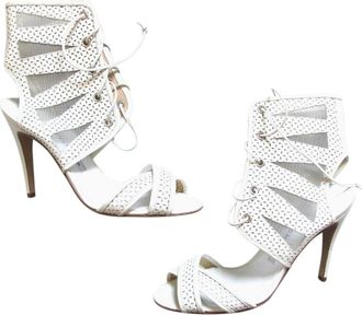 Manolo Blahnik White Lasercut Lace-Up Sandals Size 38.5