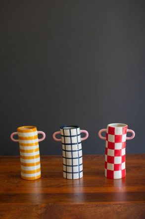 Kalalou Set Of Three Paterend Ceramic Cylinder Vases With Handles