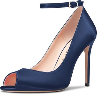 Castamere Womens High Heel Stilettos Peep Open Toe Pumps Court Shoe Ankle Strap Dress Wedding Sandals 10 CM Heels Navy Blue Satin 5 UK