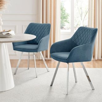 Furniturebox Set of 2 Falun Deep Padded Dining Chairs Upholstered in Soft & Durable Fabric With Silver Chrome Legs in Blue