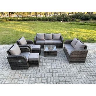 Fimous 9 Seater Garden Furniture Set Rattan Outdoor Lounge Sofa Chair With Tempered Glass Table 2 Small Footstools Dark Grey Mixed - Fimous