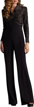 Tadashi Shoji Cotton Blend Lace & Crepe Jumpsuit in Black/nude at Nordstrom, Size 14