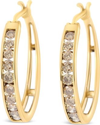 House of Brilliance 14K Yellow Gold Plated.925 Sterling Silver 1.0 Cttw Channel Set Champagne Diamond Hoop Earrings with Snap Post