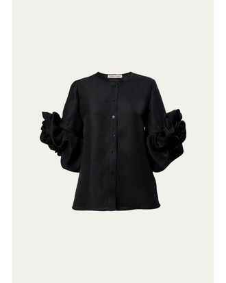 Carolina Herrera Silk Gazar Rosette-Sleeve Blouse