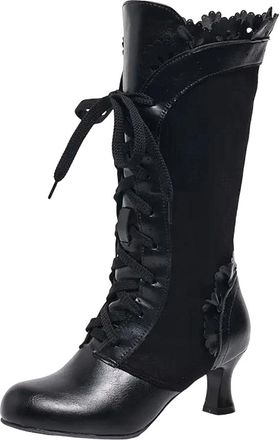 Generic Womens Modern Mid Calf Boots Round Toe Chunky High Heel With Platform Lace Up Front Splicing Design Daily Booties