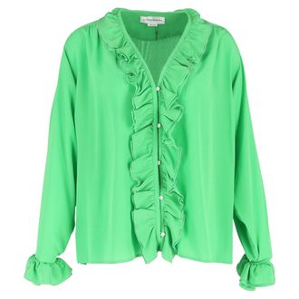Victoria Beckham Ruffle Trim Long Sleeve Blouse in Green Silk
