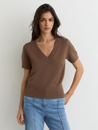 Reiss Taupe Neutral Cotton-wool Knit V-neck Top, XS