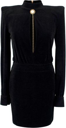 Balmain Black Velvet Cut-Out Structured Mini Dress with Pearl Embellishment Size XS