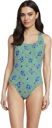 Lands End Chlorine Resistant Scoop Neck X-Back High Leg Soft Cup Tugless Sporty One Piece Swimsuit in Floral/vibrant Clover Stripe at Nordstrom