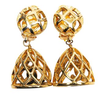 Chanel Bird Cage Gold Pleated Drop Clip On Earrings