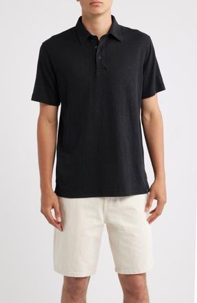 AG - Adriano Goldschmied Bryce Classic Short Sleeve Stretch Linen Polo in True Black at Nordstrom, Size Xx-Large