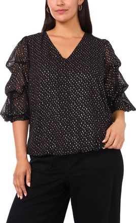 Vince Camuto Metallic Dot V-Neck Bubble Sleeve Top in Rich Black at Nordstrom Rack, Size 1 X