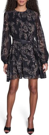 BCBGeneration Floral Pleated Chiffon Long Sleeve Dress in Black/Moonlight at Nordstrom Rack, Size 10