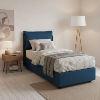 Dmora Dmora - Cama Individual Dmosco, Cama Contenedor Con Revestimiento De Tela, 100% Made In Italy, Apertura Frontal, Adecuado Para Colch&oacute;n 80x190 Cm, Azul