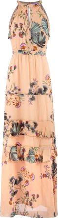 Nenette Lange jurk met ruches en botanische print - Dames - Maxi kleedjes - Veelkleurig - L - Kleedjes