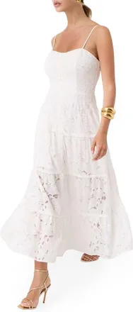 Guess Evelyn Beaded Lace Tiered Midi Dress in White at Nordstrom, Size X-Small