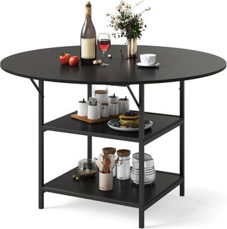 Costway 120 CM Round Dining Table for 4-6 Mid-Century Modern Kitchen Table with 2-Tier Storage Shelf-Black
