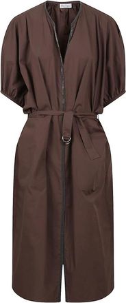 Brunello Cucinelli Kleedjes, Dames, Bruin, S, Katoen, Bruine Katoenen Poplin Jurk met V-Hals