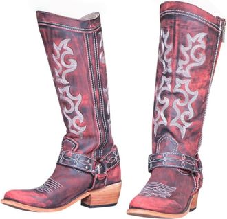 Generic Cowboy Boots for Women Extra Wide Embroidered Mid Calf Cowgirl Boot Wide Calf Low Heel Western Booties Leather Knee High Booties Comfortable Chunky Bl