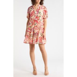 Halogen Floral Puff Sleeve Dress in Peach Multi at Nordstrom Rack, Size X-Large