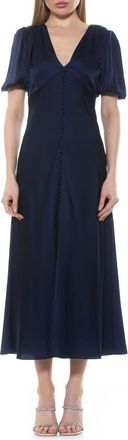 Alexia Admor Lorelei V-Neck Bubble Sleeve Midi Dress in Navy at Nordstrom Rack, Size 10