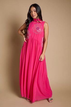 Oasis Womens Petite Scarf Detail Hand Stitched Midaxi Dress - Pink - Size 12 UK