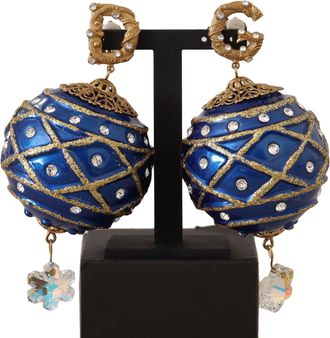 Dolce & Gabbana Gold Brass Blue Christmas Ball Crystal Clip op damesoorbellen