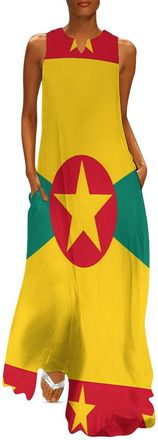 Generic Grenada Flag Womens Maxi Dresses with Pockets Sleeveless Long Dress Casual Summer V-Neck Sundress