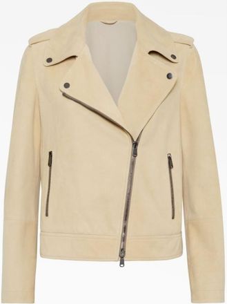 Brunello Cucinelli Beige Suede Biker Jacket, Brand Size 48 (US Size 14)