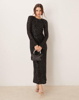 Gina Tricot fluted sleeve sequin maxi dress with open back in black