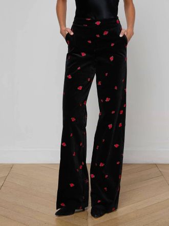 L'agence Livvy Velvet Trouser In Black/red Rose Embroidery