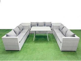 Fimous 9 Seat Outdoor Patio pe Rattan Garden Furniture with Cushions 3 Seater Sofa 2 Side Tables Light Grey - Fimous