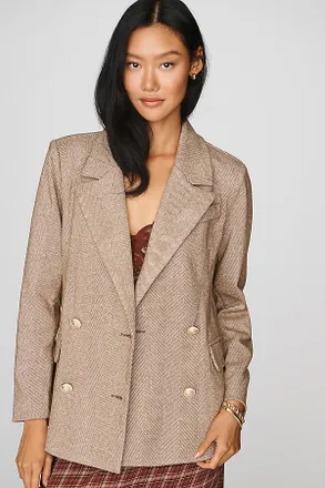 Avec Les Filles Double-Breasted Knit Plaid Blazer Jacket