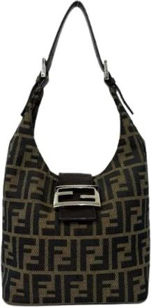 Fendi Pre-owned Shoulder Bags, female, Brown, Size: ONE SIZE Pre-owned Zucca Canvas Leather Shoulder Bag