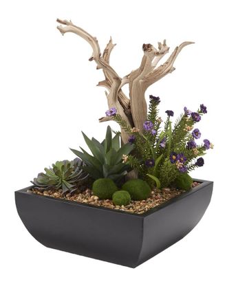 D&W Silks Ghostwood Branch With Succulents And Wild Flowers In Square Metal Planter