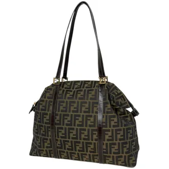 Fendi Brown Nylon Canvas Leather Shoulder Bag Tote Bag (Pre-Owned)