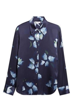 Vince Petal Blur Floral Silk Button-Up Shirt in Dark Navy at Nordstrom, Size Xx-Small
