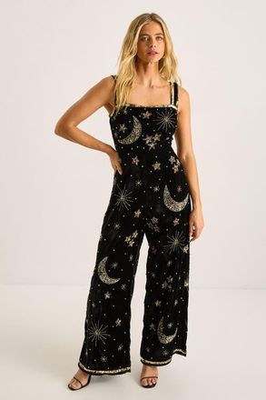 NASTY GAL Velvet Celestial Square Neck Jumpsuit in Black at Nordstrom, Size 6