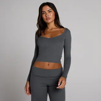 MyProtein Camiseta acanalada de manga larga con cuello en pico para mujer de MP - Gris robusto - XS