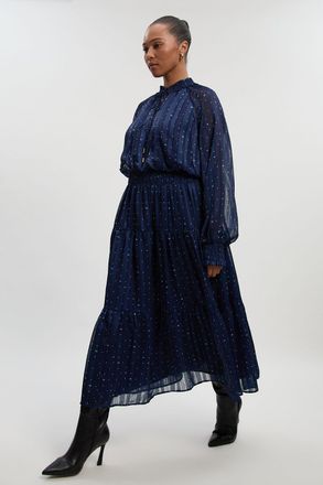 Karen Millen Womens Plus Size Print Shirred Detail Dobby High Neck Woven Maxi Dress - Navy - Size 20 UK