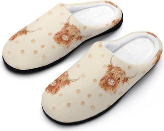Generic Scottish Highland Cow And Dot Mens Slippers Slip On Comfortable Fleece Cotton House Shoes Winter