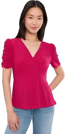 CeCe by Cynthia Steffe Puff Short Sleeve V-neck Knit Top Womens Clothing Rose Cerise : XL, Polyester/Spandex