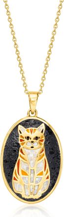 Ross-Simons Mother-Of-Pearl, Onyx and Orange Enamel Cat Mosaic Pendant Necklace in 18kt Gold Over Sterling