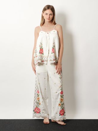 Farm Rio Womens Top Embroidered Linen And Viscose White T-Shirts & Jerseys