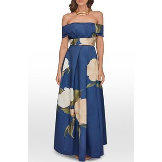 DKNY Placed Floral Off the Shoulder Gown in Ink Multi at Nordstrom, Size 14