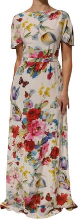 Dolce & Gabbana White Floral Print Silk Sheath LongGown Womens Dress